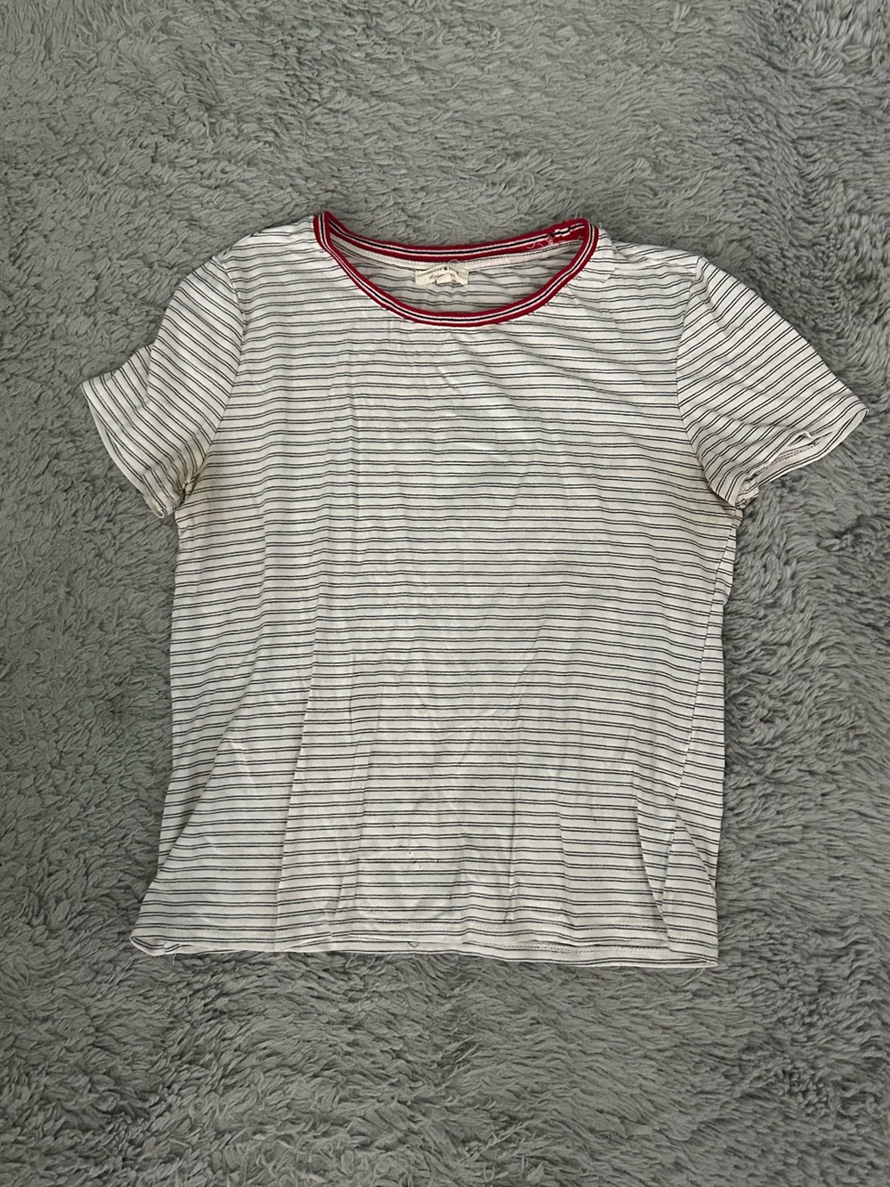 Heart & Hips White and Gray Striped Short Sleeve Tee with Red Trim